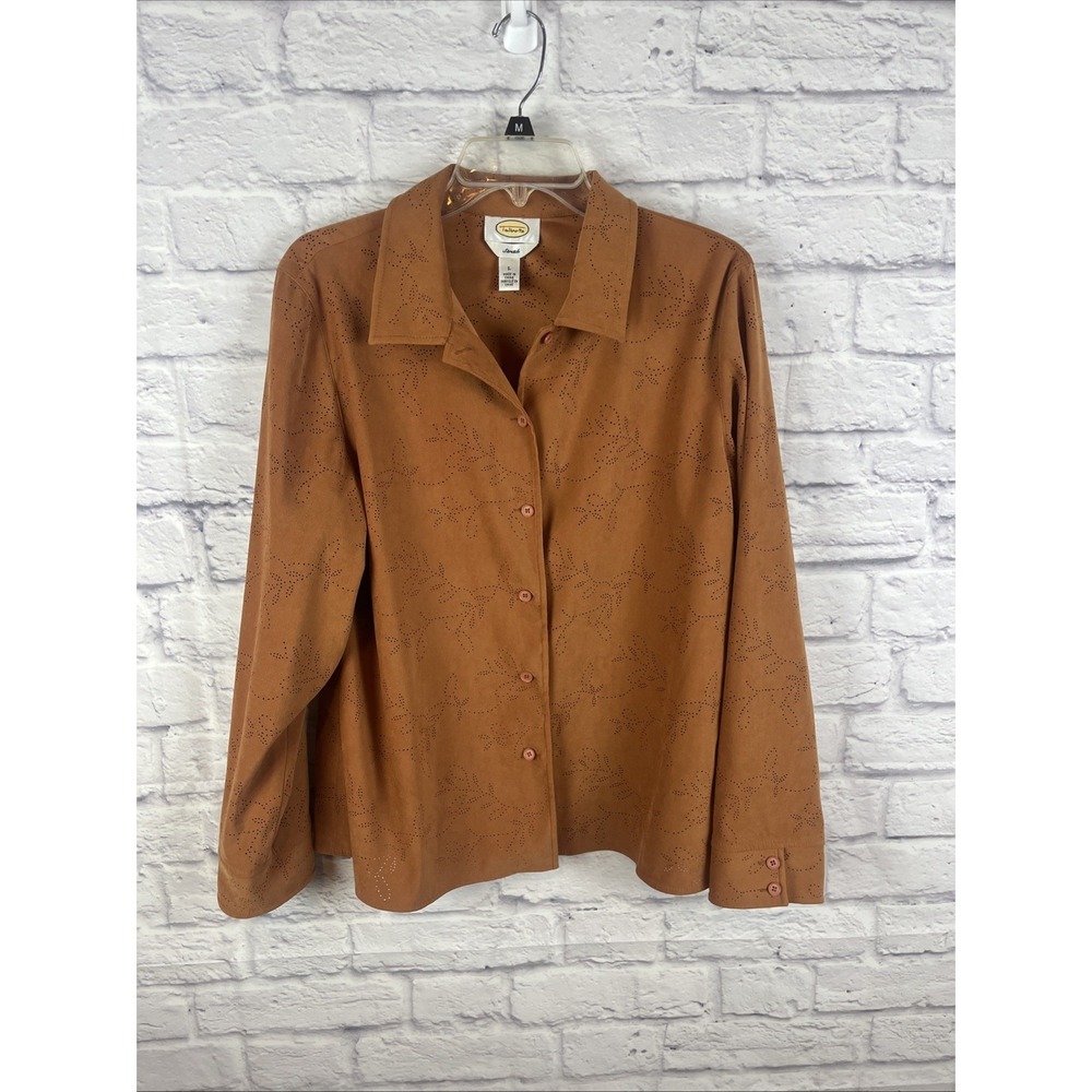 Talbots Faux Suede Classic Earthy Floral Perforated Button Down Blouse Large
